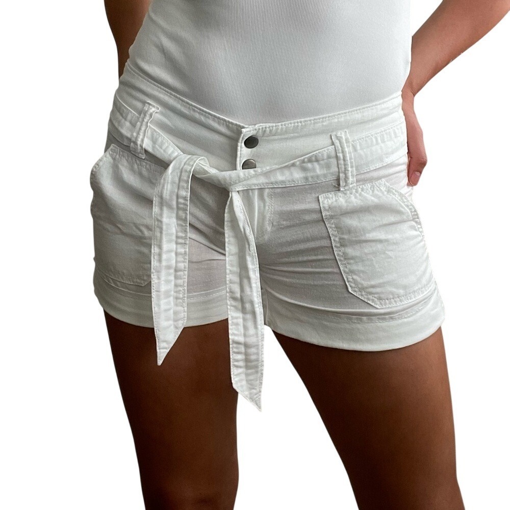 Converse Vintage 00s Y2K Retro White Mid Rise Waist Belt Linen Low Rise Shorts